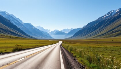 Fototapeta premium Winding Road Through Majestic Mountain Valley Under Clear Blue Sky Landscape