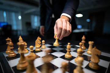Close-up of businessman's hand moving chess queen, strategic game in office
