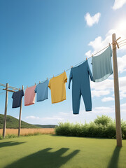 freshly washed clothes on line, with soft breeze gently blowing them, created with