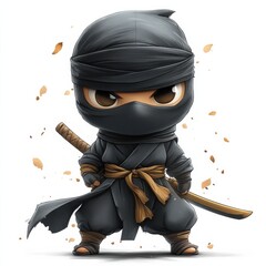Cartoon Ninja Character Isolated on White Background with Sword