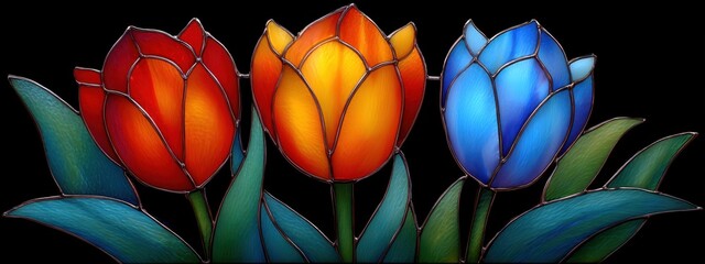 Obraz premium Colorful stained glass tulip artwork artistic display indoor vibrant environment close-up view nature concept