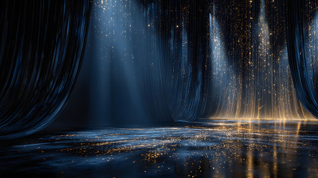 Dark blue stage with golden spotlight lines and glitter texture for award ceremony design. Realistic 3d abstract premium elegant glamour background template for anniversary or winner rewarding.