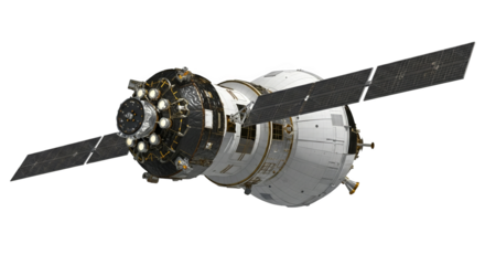 Detailed space station model showing intricate panels, solar arrays and connecting modules in orbit.