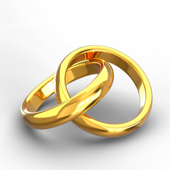 Pair of polished gold wedding bands interlocked elegantly. Lustrous yellow rings symbolizing marriage and eternal love. Perfect for bridal designs and romantic content.
