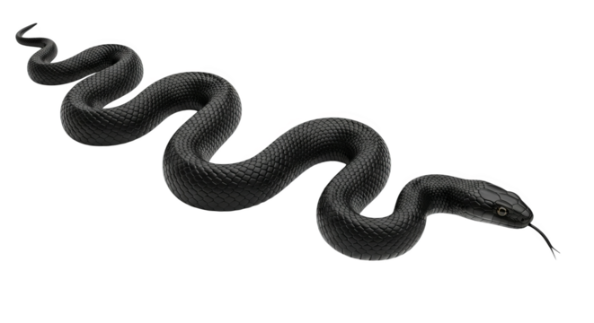 Coiled snake with dark scales slithering, its forked tongue flicks in striking and sinuous fashion.