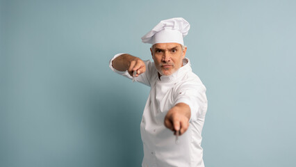Portrait of a happy male chef cook holding knife isolated on a blue background