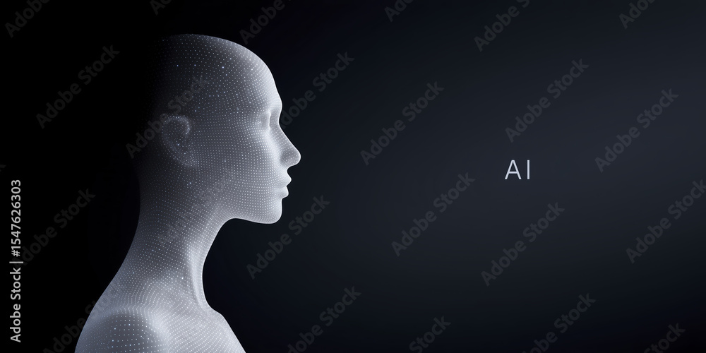 Fototapete Futuristic digital human figure with a wireframe design, representing artificial intelligence concepts, set against a dark background with a glowing text element
