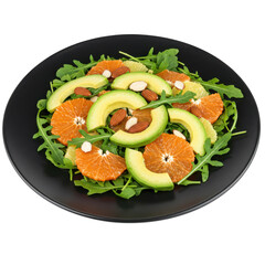Fresh arugula salad topped with orange slices, avocado, and almonds on a black plate