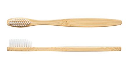 Two bamboo toothbrushes are displayed, one with the bristles visible and one flipped over.