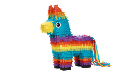 A colorful horseshaped piñata stands on a black background
