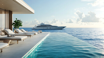 Fototapeta premium A mid-journey poolside view of the ocean with a yacht in the distance (1)