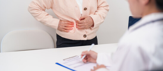 Senior Woman Chest ache. Elderly Patient consultation medical health for Liver cancer and Tumor, Jaundice, Viral Hepatitis, Cirrhosis, Failure, Enlarged, Hepatic Encephalopathy and healthcare