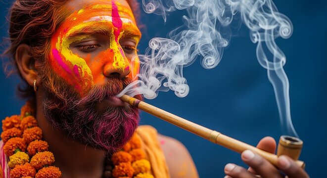 Close-up of Indian Sadhu with Colorful Face Paint Smoking Chillum Pipe, Vibrant Holi Powder, Spiritual Hindu Holy Man, Marigold Garland, Mystical Festival Portrait, Intense Smoke Art