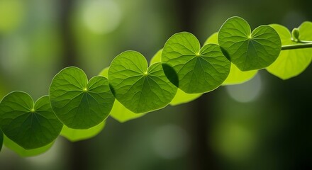 Heart-Shaped Green Leaves on Vine in Sunlight, Nature Close-Up Botanical Background, Fresh Foliage, Eco-Friendly Natural Spring Abstract for Wellness, Love and Environment Concepts