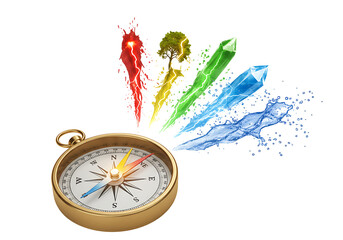 A compass next to 4 colorful elements red fire yellow lightning tree green crystal and blue water set against a black background