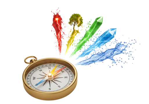 A compass next to 4 colorful elements red fire yellow lightning tree green crystal and blue water set against a black background