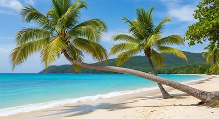 Obraz premium Idyllic Tropical Beach with Leaning Palm Trees, White Sand, and Turquoise Water on a Sunny Day, Caribbean Island Vacation Nature Landscape Background