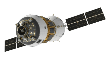 A futuristic space station module is depicted with solar panels for generating power in orbit.