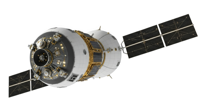 A futuristic space station module is depicted with solar panels for generating power in orbit.