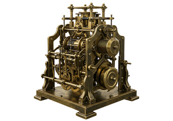 Fototapeta premium A complex brass clockwork mechanism with gears and springs on a square base set against a black background