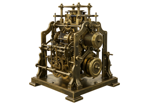 A complex brass clockwork mechanism with gears and springs on a square base set against a black background