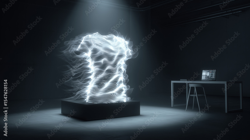 Aufkleber A striking display of nanofabric features a flowing, illuminated design in a dimly lit room. A sleek desk with high-tech equipment complements the innovative showcasing of materials.