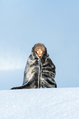 Stylish winter fashion shoot with brunette female model in snow-covered alpine landscape. Elegant...