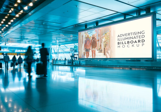 Illuminated Airport Billboard Mockup