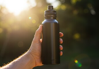 A hand firmly grasps a sleek black water bottle, backlit by warm sunlight, against a blurred green outdoor background, symbolizing hydration.
