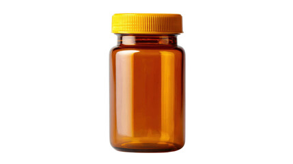 Amber glass jar with yellow lid, perfect for storing spices or supplements, isolated on white background.