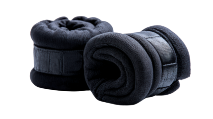 Black workout wrist wraps rolled up, isolated on a white background.