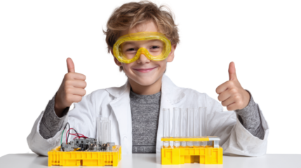 Boy in lab coat with safety goggles shows thumbs up next to science experiments.