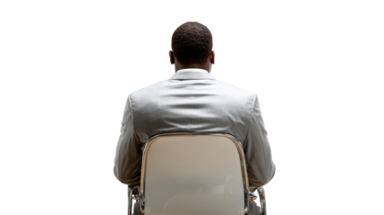 Businessman in suit sitting on a chair, viewed from the back, isolated on white background.