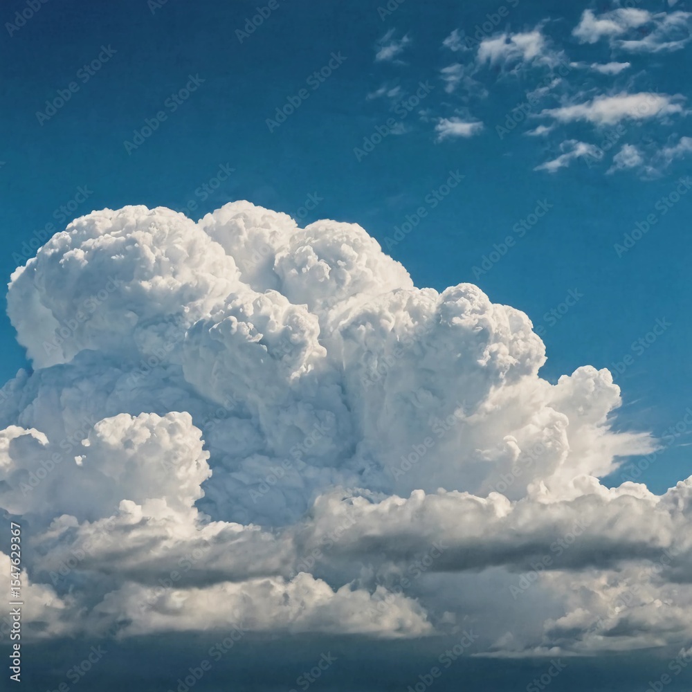 Poster majestic clouds in white and gray contrast with the deep blue sky as the sun sets, casting a warm gl