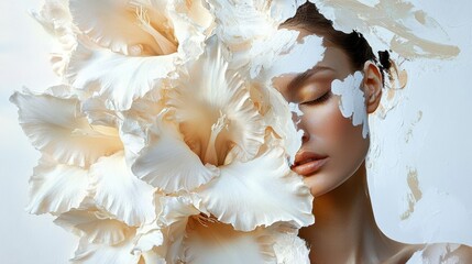 woman with eyes closed, face covered to a huge white gladiola flowers