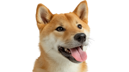 Cheerful Shiba Inu dog with an expressive face, isolated on a white background.
