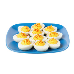 A vibrant platter of deviled eggs garnished with paprika, ready for a gathering