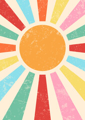 Retro illustration of the sun with rays in the style of the 70s vintage poster with texture