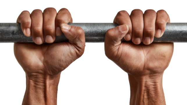 Close-up of hands gripping a metal bar, emphasizing strength and determination.