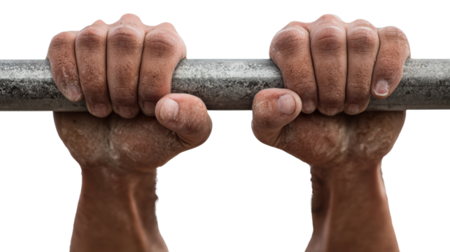 Close-up of strong hands gripping a barbell, emphasizing determination and strength, white isolate background.