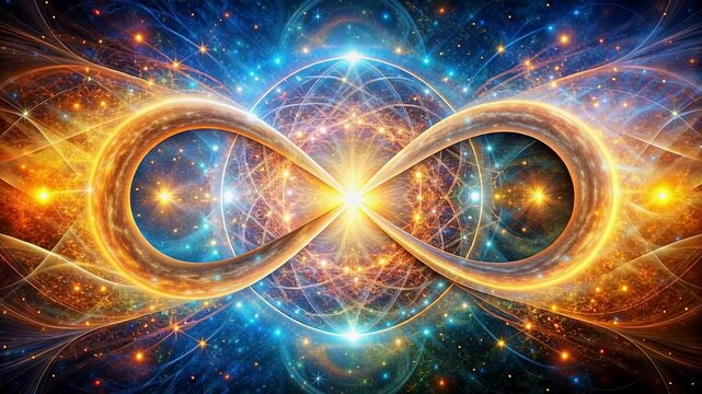 Abstract energy-based infinity shape spinning in space with vibrant plasma and galactic light effects