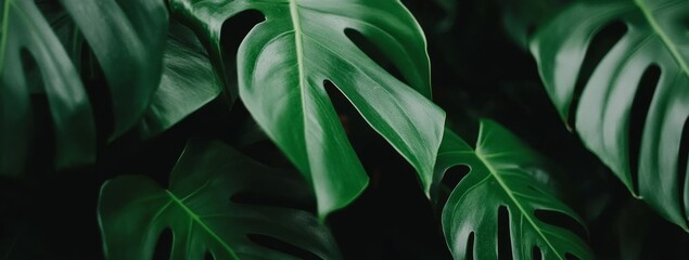 Dark Green Lush Tropical Monstera Leaves Close Up