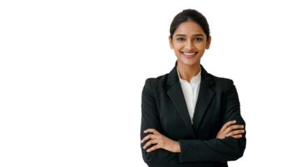 Confident businesswoman smiling with arms crossed, professional attire, isolated on white background.