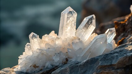 Close-up of raw quartz crystals growing from rocky matrix, sharp facets and translucent clarity