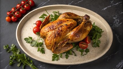 Roasted chicken garnished with parsley and tomatoes on a plate
