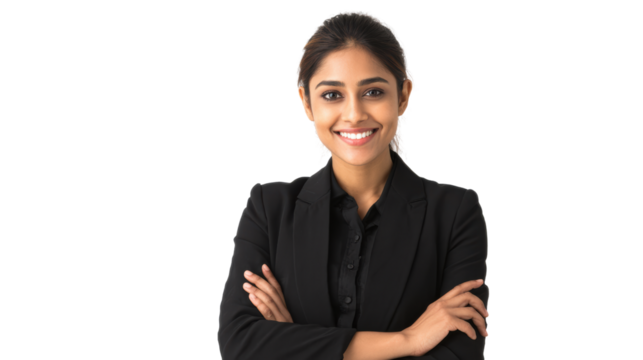 Confident businesswoman smiling with arms crossed on white isolate background.