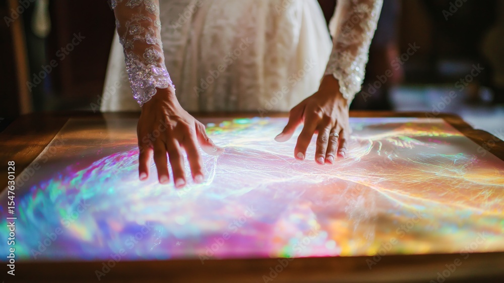 Poster a woman engages with a colorful holographic display on a wooden table while sunlight streams in.