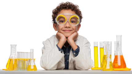 Curious child scientist exploring experiments with colorful liquids in laboratory setting.
