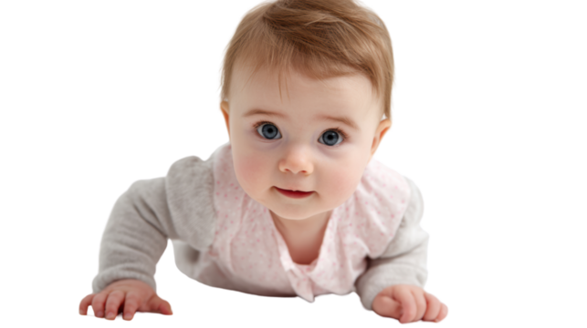 Cute baby crawling on ground, exploring the world with curious blue eyes, isolated on a white background.