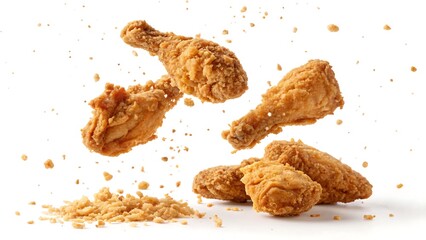 Crispy fried chicken drumsticks falling isolated on white background